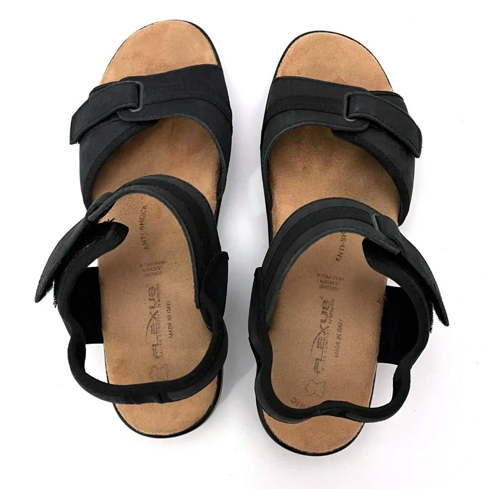 Flexus Sandals Made in Italy Black Leather Comfort Ankle Strap Spring Step - Picture 5 of 12